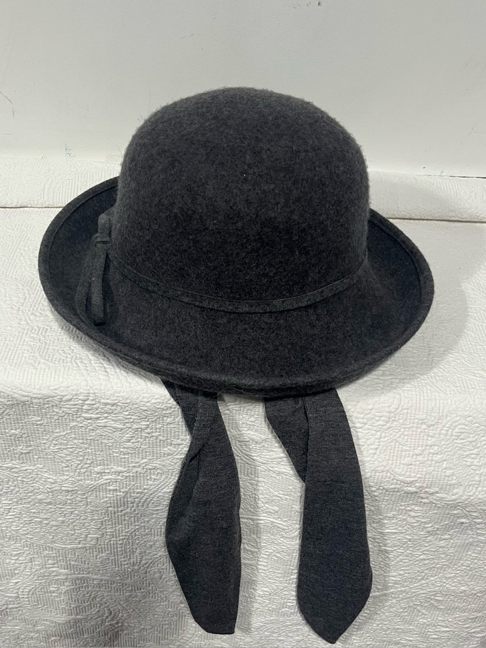 Women's Charcoal Gray Wool Bowler Scarf Hat with Ties